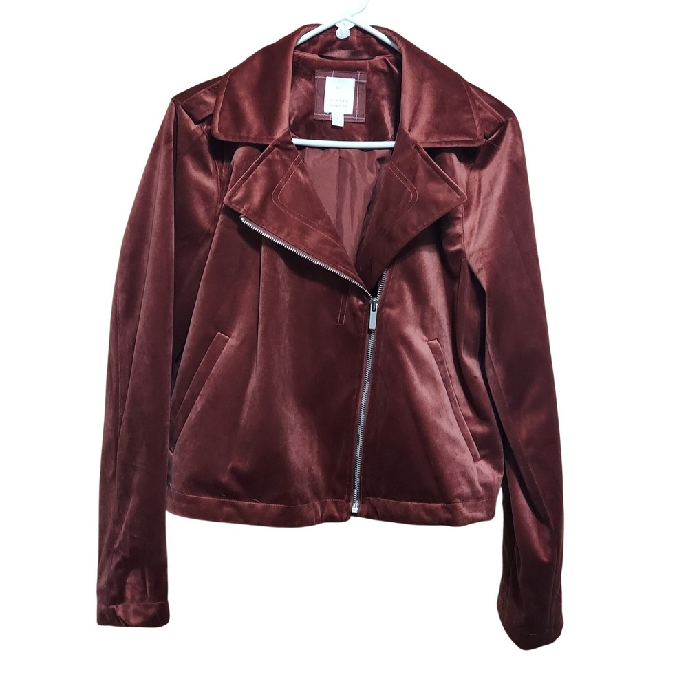 LC Lauren Conrad Womens Velvet Moto Jacket Rust Burgundy Asymmetrical‎ Zip Large